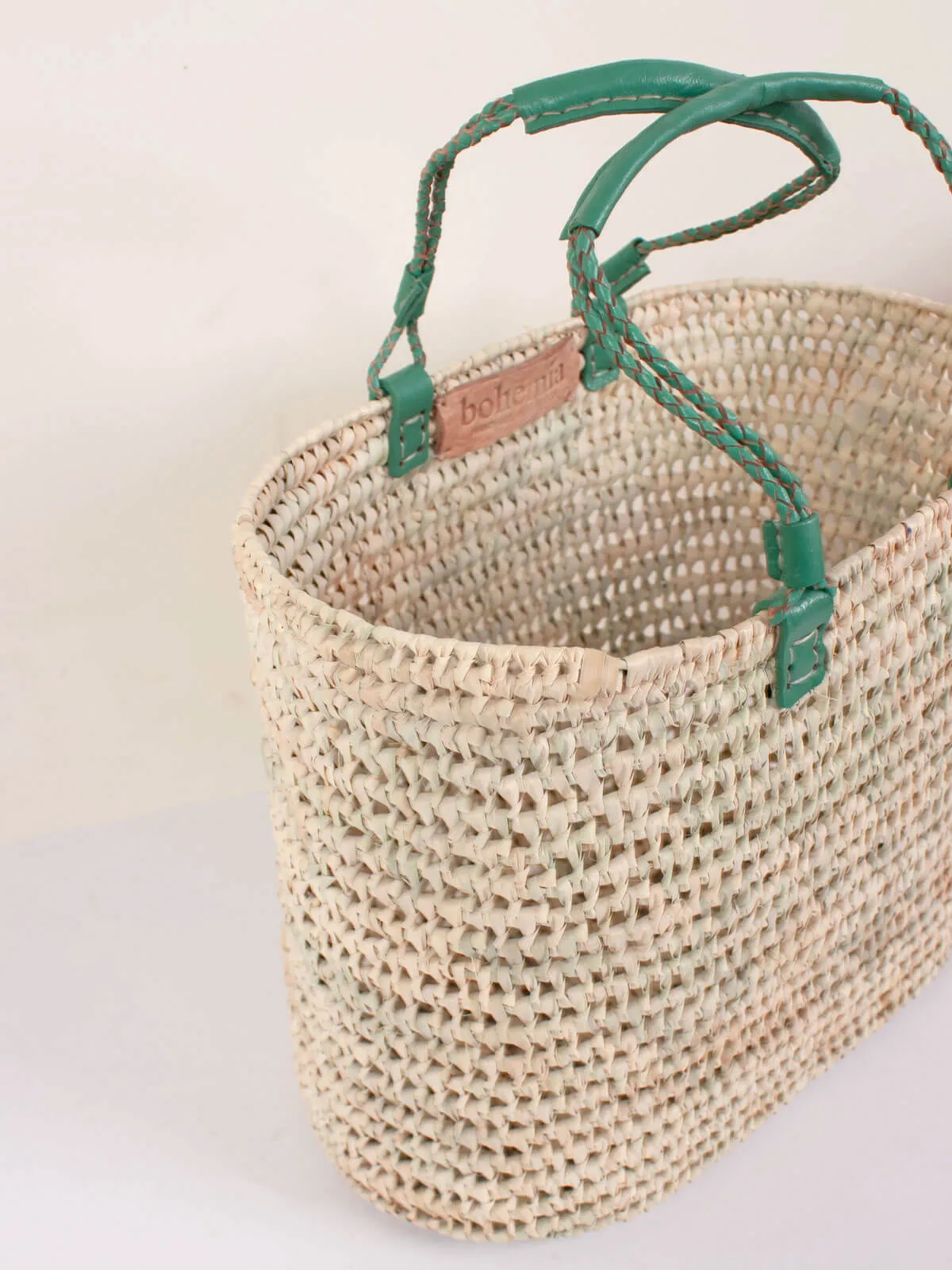 Pleated Leather Handle Basket, Sage