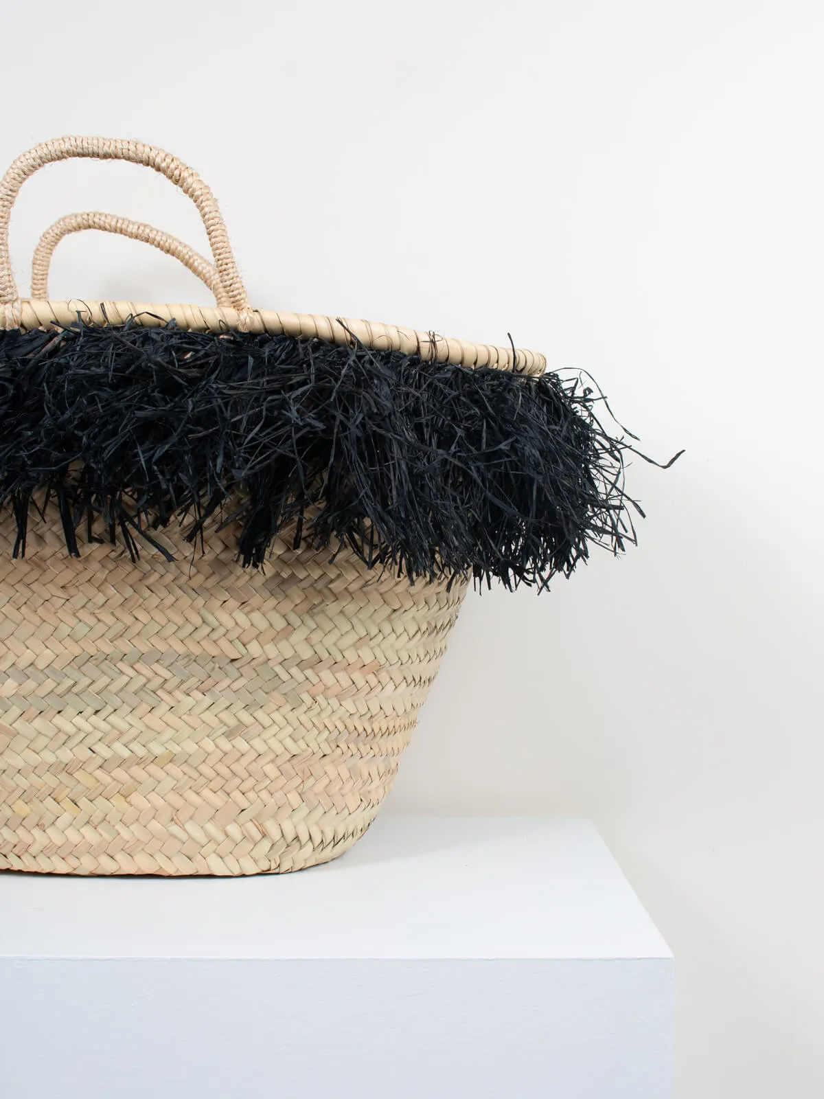 Raffia Tassel Basket, Black