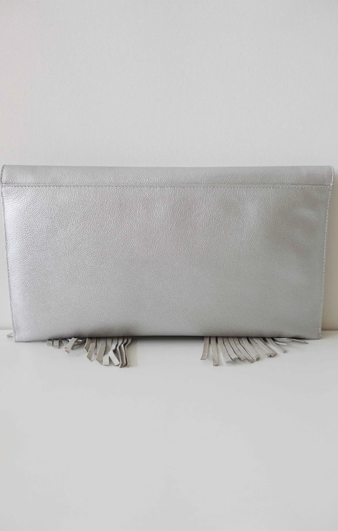 Silver Leather Fringes Clutch