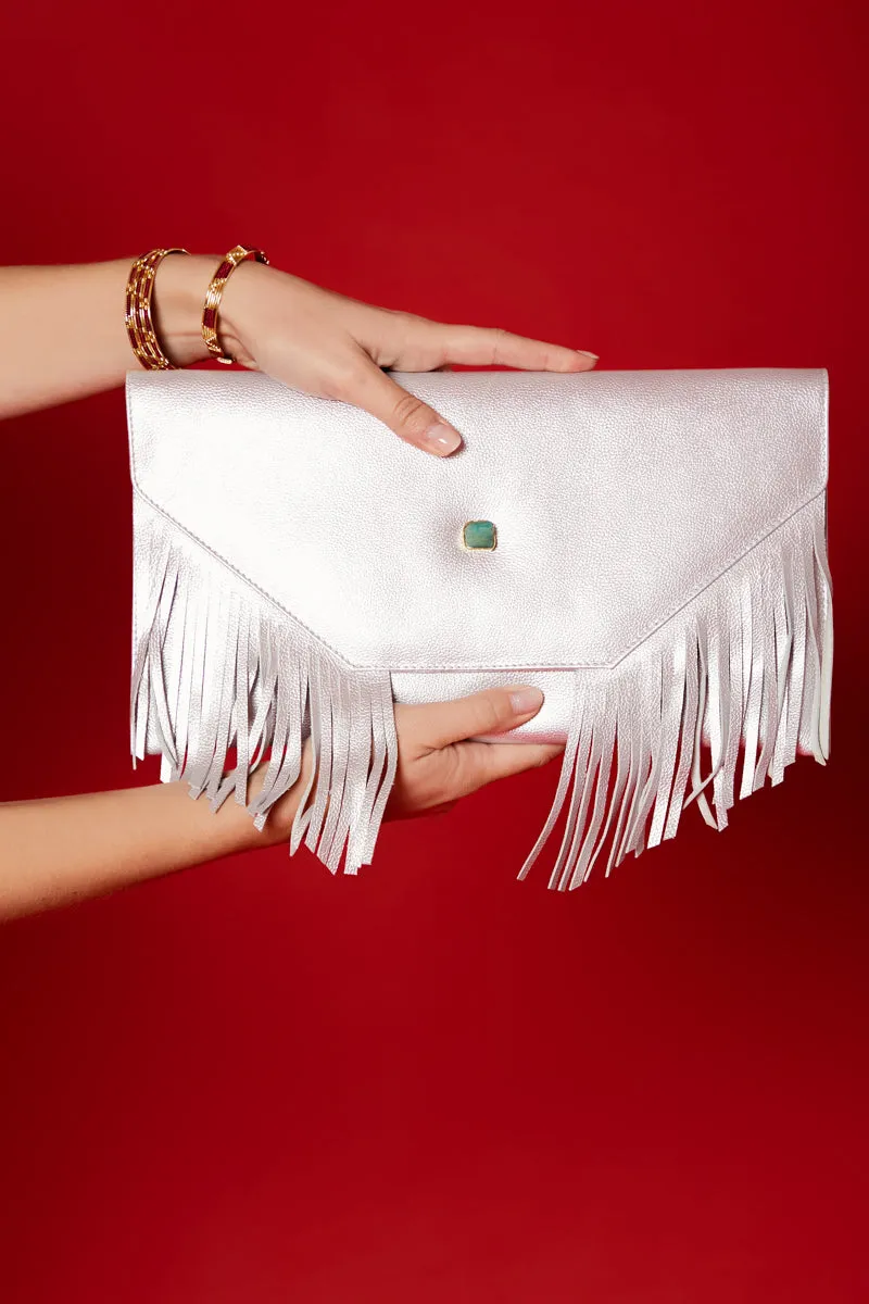 Silver Leather Fringes Clutch