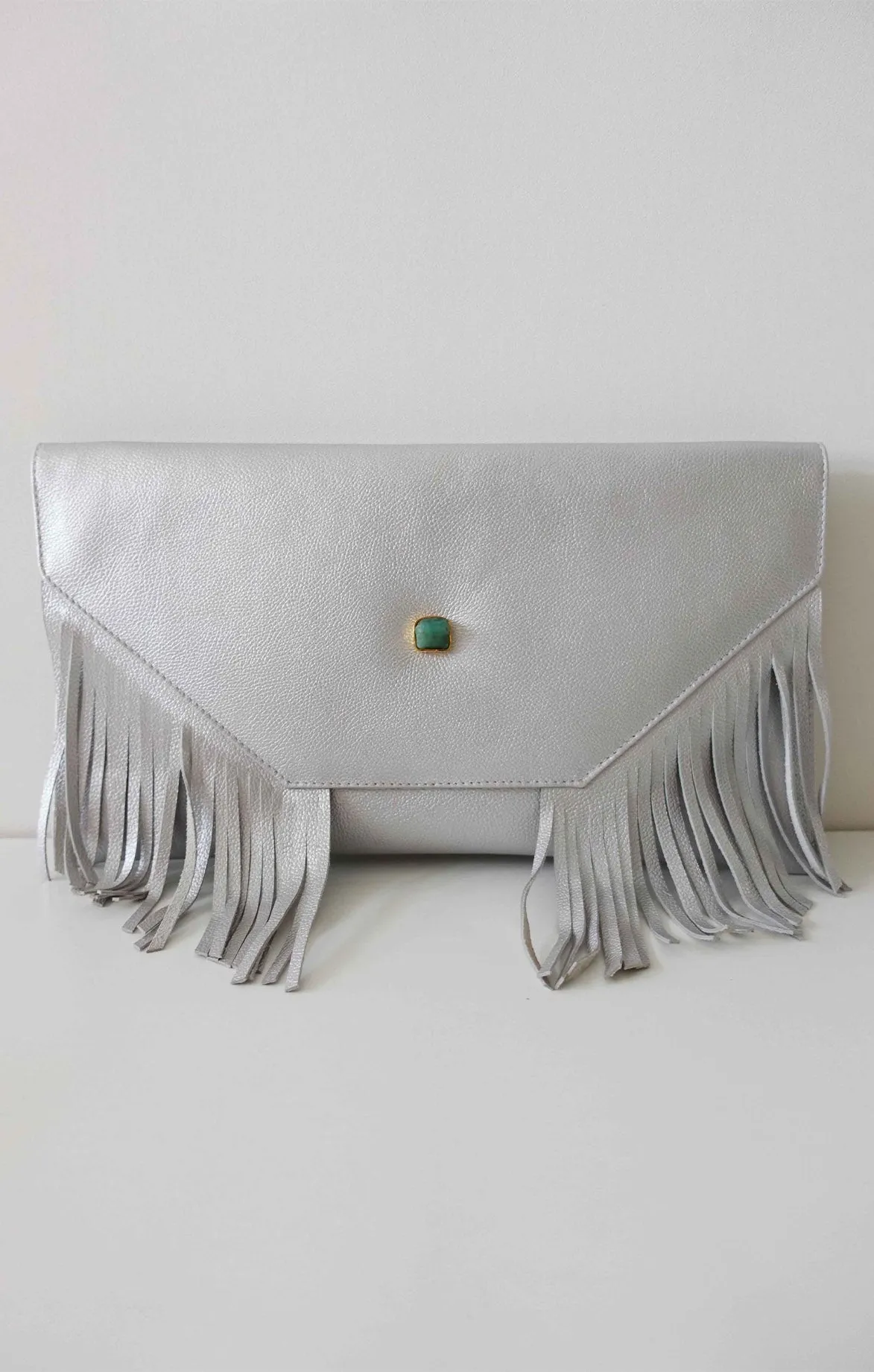 Silver Leather Fringes Clutch