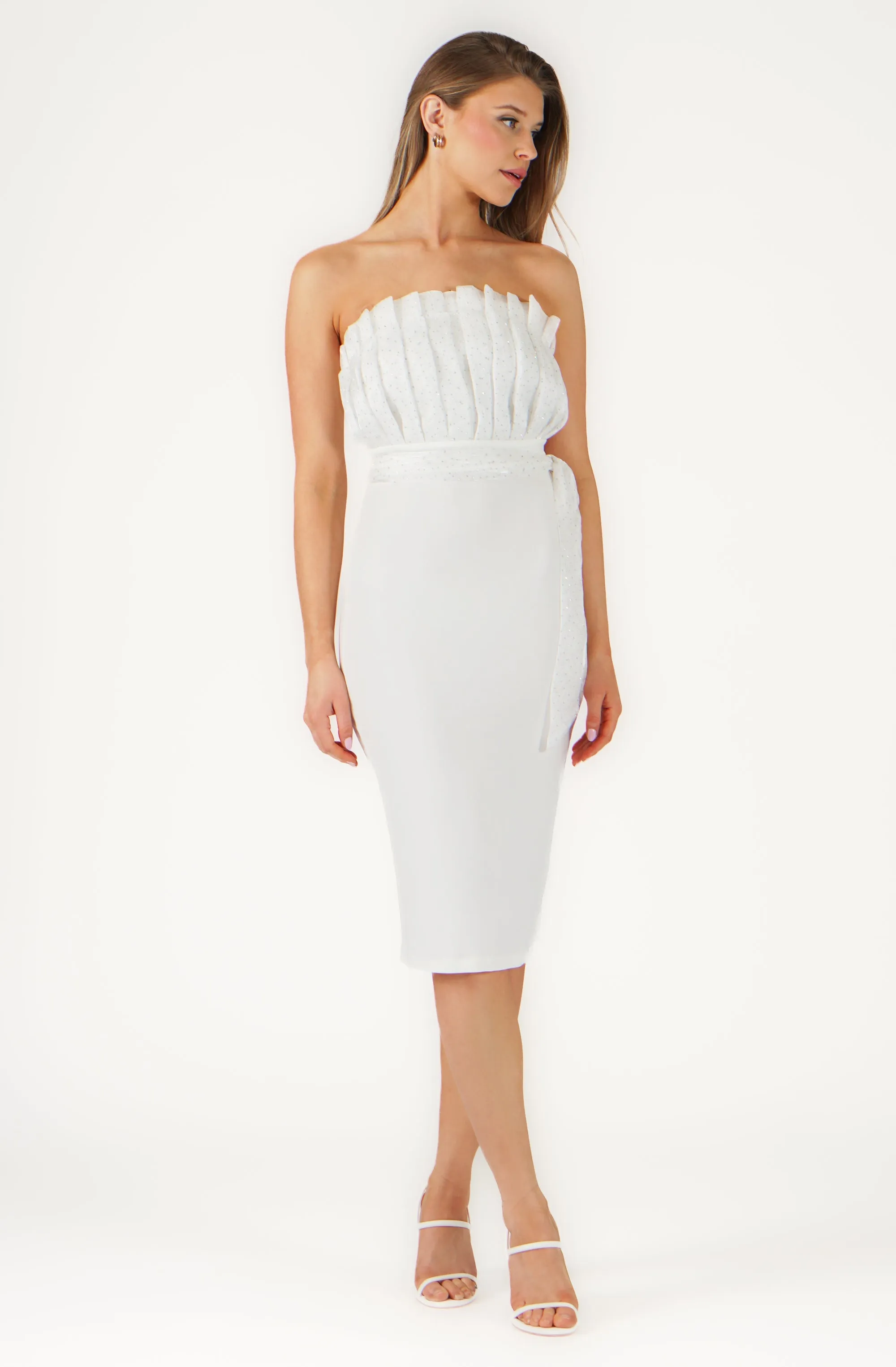 Strapless Fitted Dress with Rhinestone Chiffon Pleated Bodice