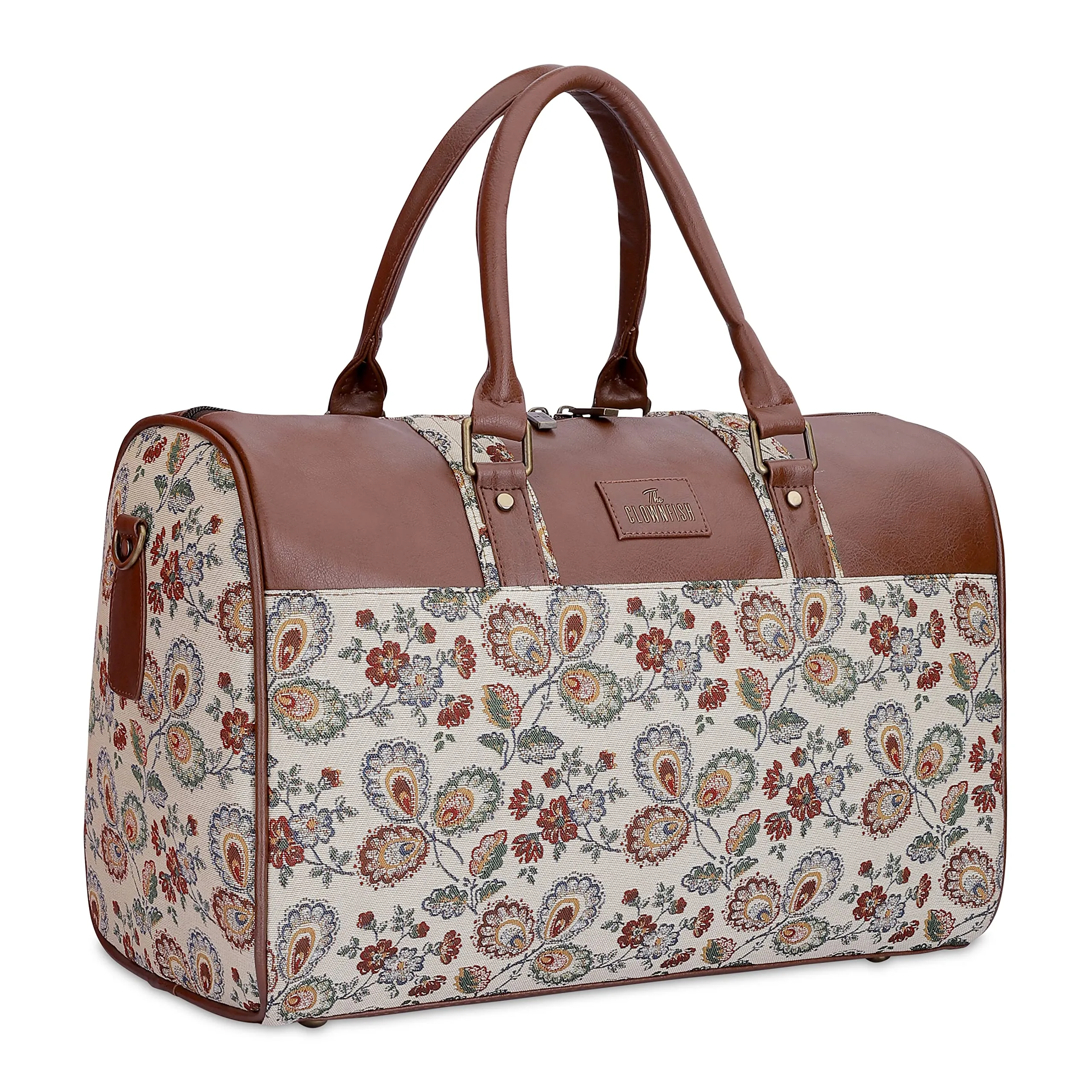 The Clownfish Brooklyn 32 litres Tapestry with Faux Leather Unisex Travel Duffle Bag Weekender Bag (Dark Brown-Floral)