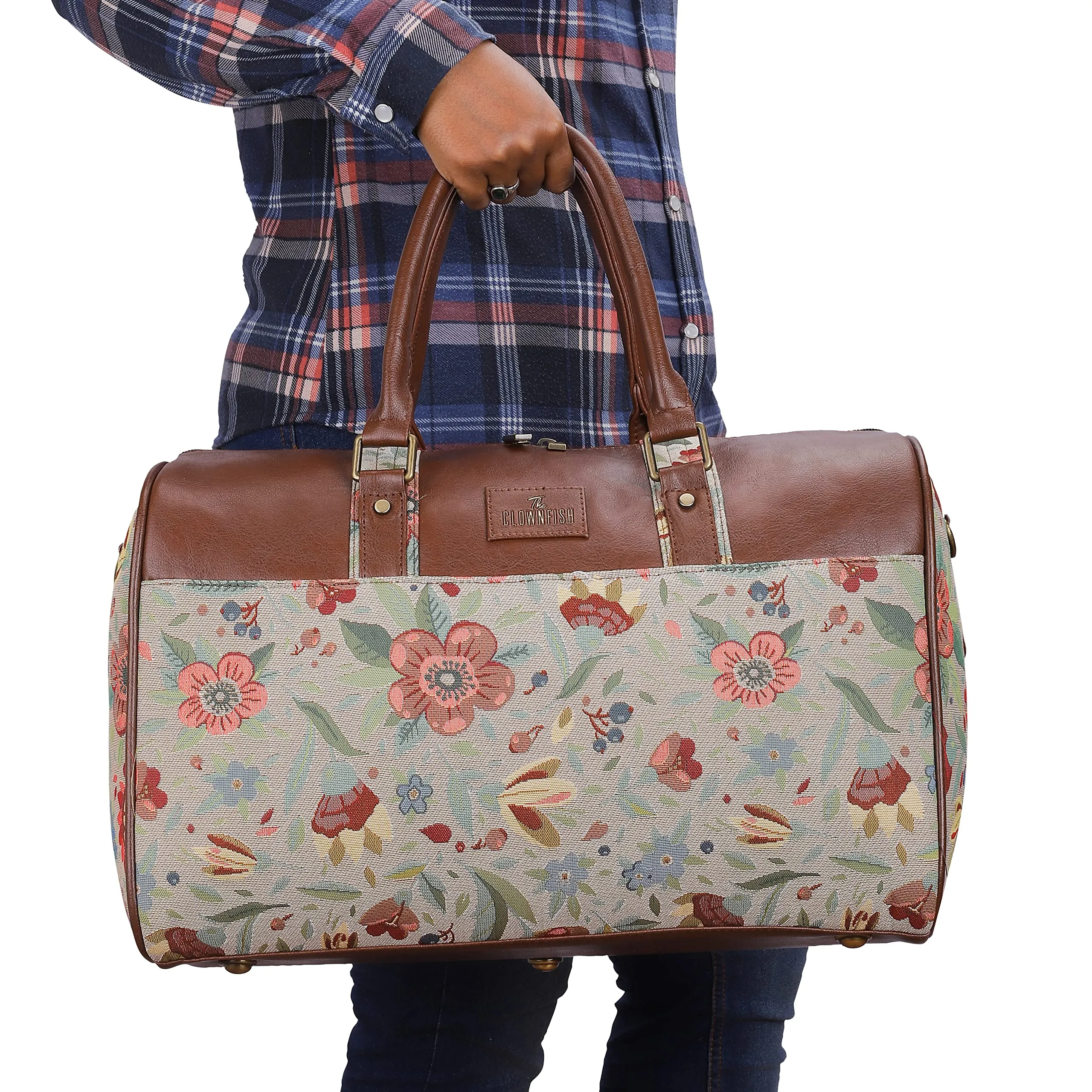 The Clownfish Brooklyn 32 litres Tapestry with Faux Leather Unisex Travel Duffle Bag Weekender Bag (Skyblue-Floral)