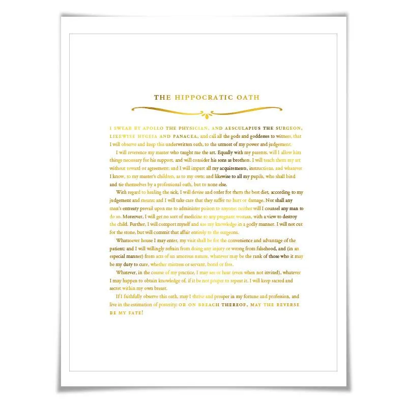 The Hippocratic Oath Gold Foil Art Print. 7 Foil Colours. Graduation Gift. Hippocrates Quote Poster Doctor Medical Student